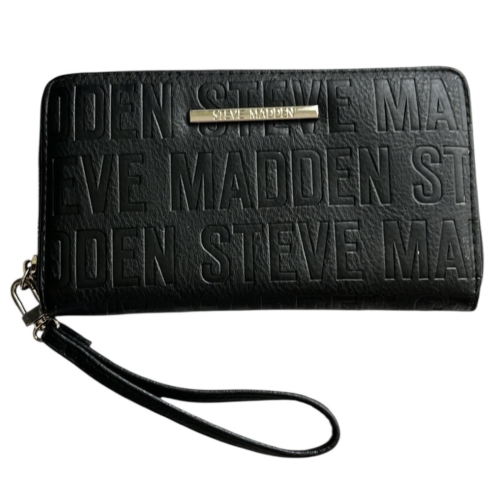 Steve Madden Logo Zip Around Wallet Wristlet Embossed Black Gold